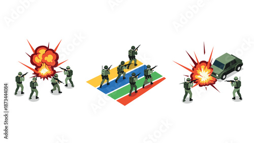Isometric soldiers in action with explosion effects and military vehicles
