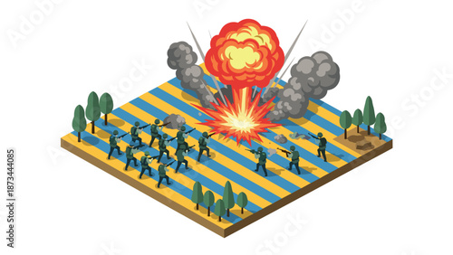 Isometric explosion scene with soldiers in battle grid