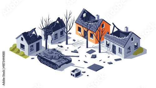 Isometric scene of war-ravaged town with tank and destroyed buildings