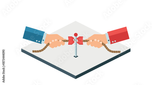 Business competition concept with two hands tugging on a rope in isometric design
