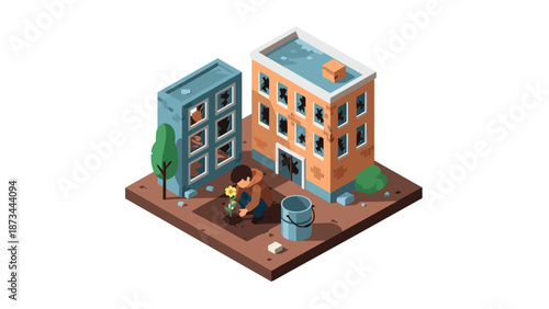 Isometric urban renewal scene with person planting in city ruins
