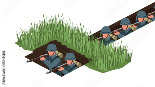 Isometric soldiers in trenches amidst tall grass during historical battle scene