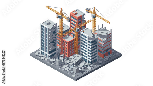 Urban construction scene with cranes and skyscrapers in isometric design