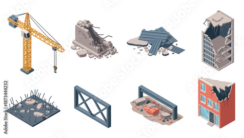 Isometric urban construction and demolition elements
