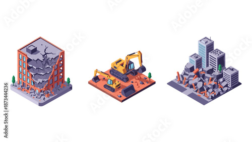 Isometric construction and demolition: building and excavator scenes