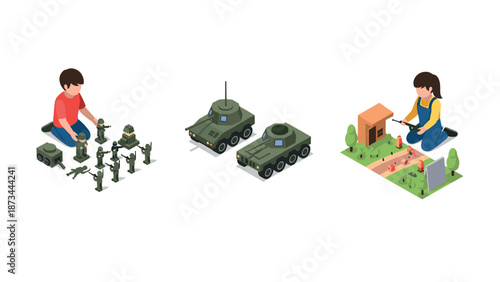 Isometric children playing with toy soldiers, tanks, and dollhouse on white background