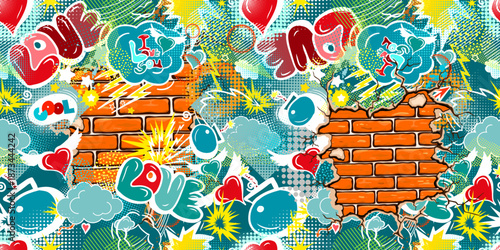 Abstract seamless chaotic pattern with line hearts and a brick wall. Graffiti love heart background. hand drawing. Not AI, Vector illustration