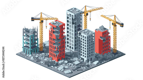 Urban construction site with high-rise buildings and tower cranes