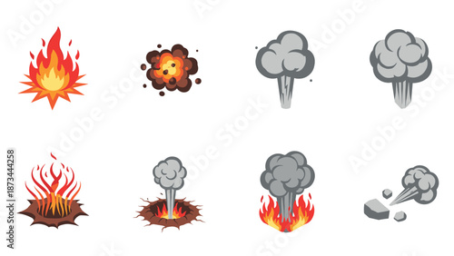 Explosive and smoke elements set in cartoon style for dynamic designs