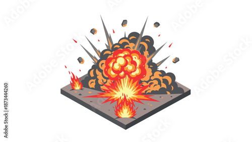 Dynamic isometric explosion design with fiery color palette and smoke effects