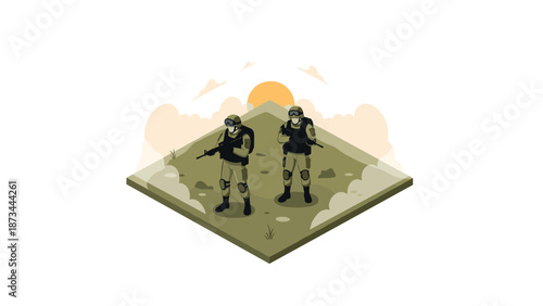 Tactical soldiers in isometric landscape at sunset