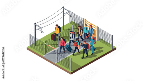 Isometric people with luggage crossing border checkpoint in 3d