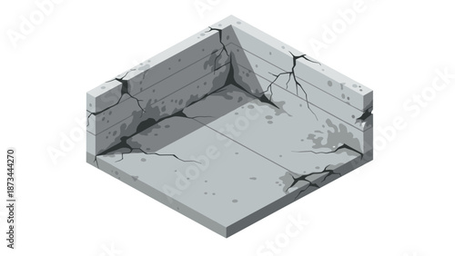 Isometric concrete room with cracked walls and floor design