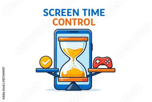 Balancing screen time: hourglass and game controller on phone scale