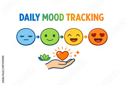 Daily mood tracking with colorful emoticons and heart symbol