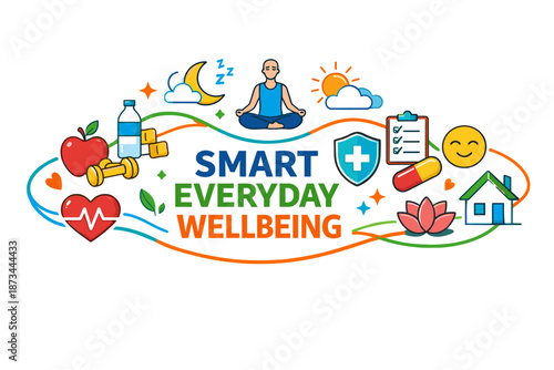 Illustration of smart everyday wellbeing with meditation and health symbols