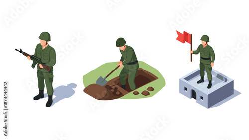 Isometric soldiers in action: patrol, digging, flag raising on monument