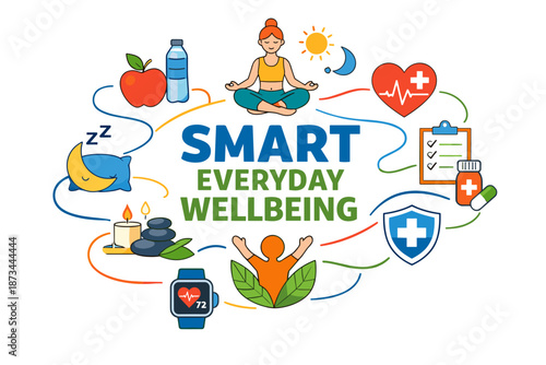 Smart everyday wellbeing: meditation, health, and wellness icons for balanced life