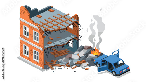 Isometric urban disaster scene with collapsed building and car accident