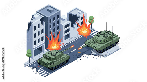 Urban warfare scene with tanks firing in a damaged city street