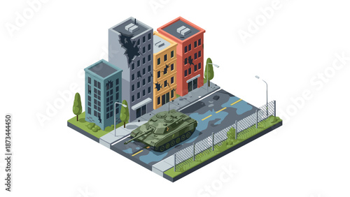 Isometric urban conflict scene with military tank and damaged buildings