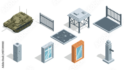 Isometric military tank and urban infrastructure elements with fences and architectural details