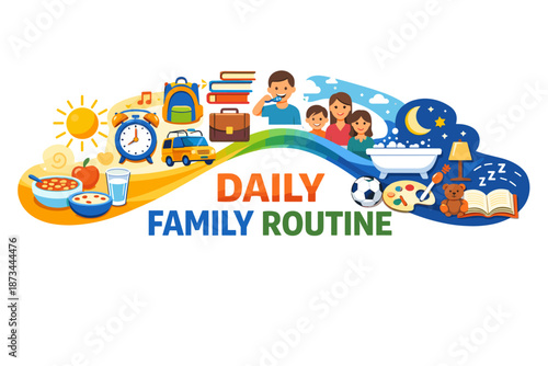 Daily family routine with morning to night activities for parents and children