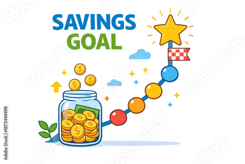 Savings goal journey: illustrated coin jar and star achievement pathway
