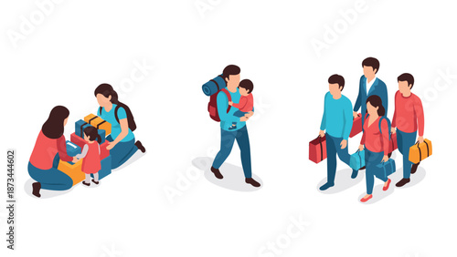 Diverse families traveling: isometric scenes of modern family bonding and exploration