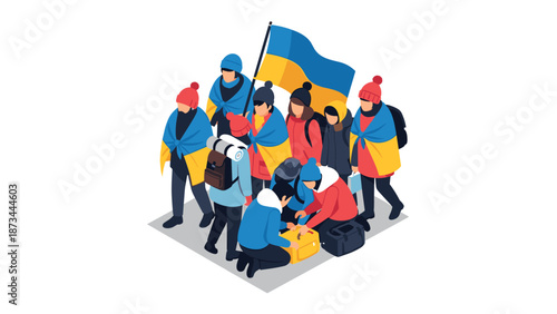 Isometric group with ukraine flag in winter attire highlighting unity and support
