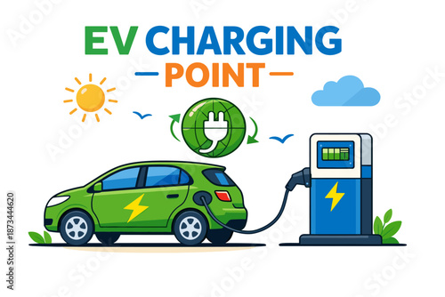 Eco-friendly electric vehicle at charging station with renewable energy icons