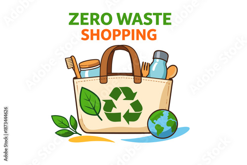 Zero waste shopping: eco-friendly bag with reusable products and planet earth icon