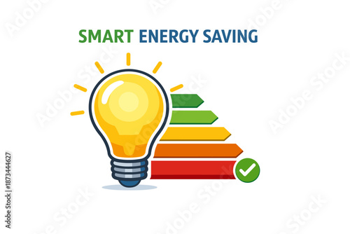 Smart energy saving light bulb with efficiency levels and checkmark