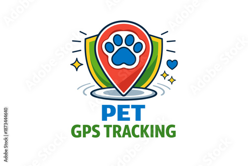Colorful cartoon emblem for pet gps tracking with paw and locator icon