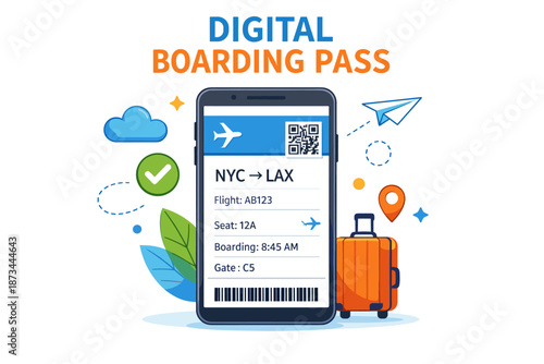 Digital boarding pass with flight details and travel icons