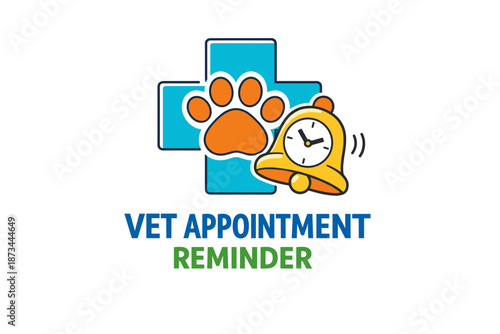 Vet appointment reminder icon with paw print and alarm clock