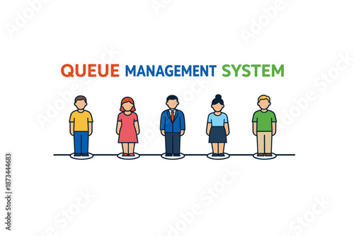 Queue management system with diverse cartoon characters in line