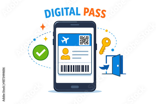 Digital boarding pass on smartphone with qr code and security icons