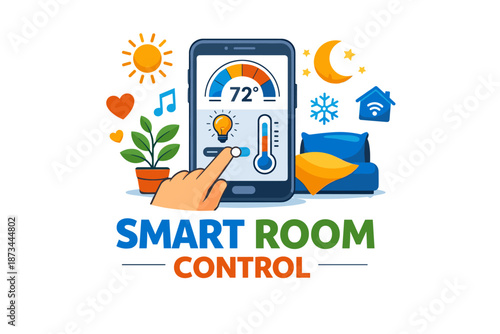 Smart room control interface with temperature adjustment and home automation symbols