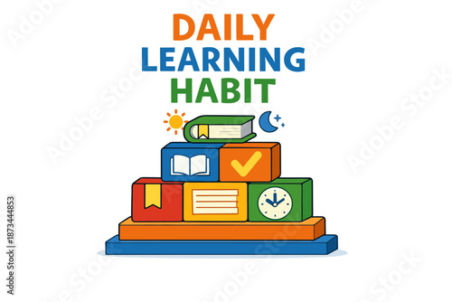 Colorful study blocks promoting daily learning habit with books and symbols