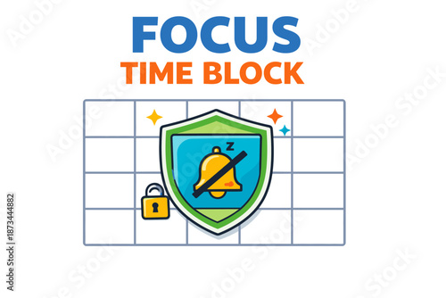 Focus time block shield icon on grid with alarm and lock symbols