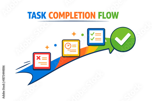 Task completion flow illustration with colorful progress and icons