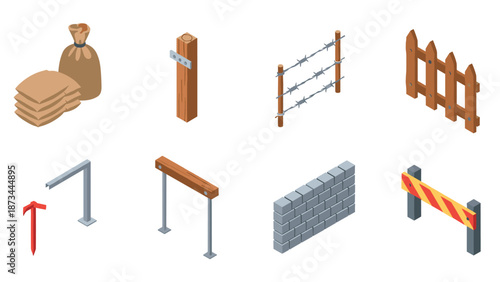 Isometric set of construction and fencing elements for site design