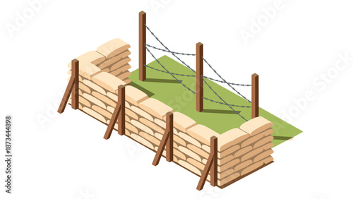 Isometric sandbag barrier with barbed wire on grass background