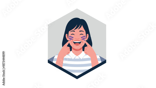 Smiling woman with joyful expression and striped shirt vector in minimalist style