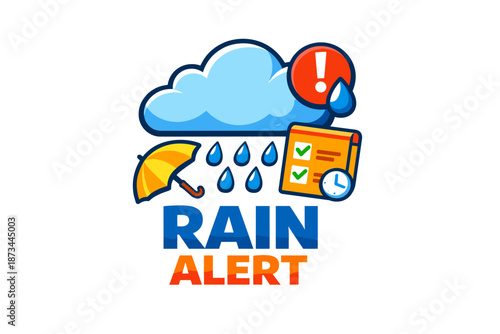 Rain alert notification with cloud, umbrella, and checklist symbols