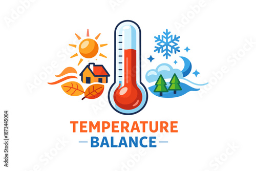 Temperature balance: seasonal changes with thermometer, sun, snowflake, and nature elements
