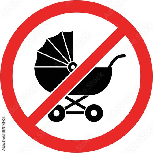 No stroller sign with black silhouette of stroller in red prohibition circle