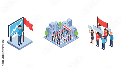 Isometric business growth and team collaboration concepts with graphs and people
