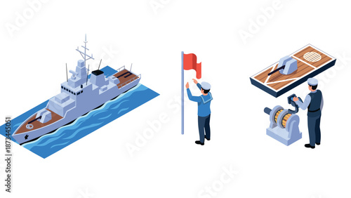 Isometric navy ship with sailor and equipment: maritime military scene